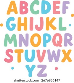 Design de alfabeto maiúsculo divertido e colorido com letras pastel arredondadas organizadas em fileiras elegantes. Inclui pequenos pontos correspondentes para o charme adicionado, definido contra um fundo branco limpo. Ideal para chi