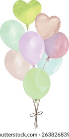 Playful and colorful vector illustration of a mixed bunch of heart and round balloons. Perfect for party invitations, decorations for kids’ celebrations, and love-themed events.