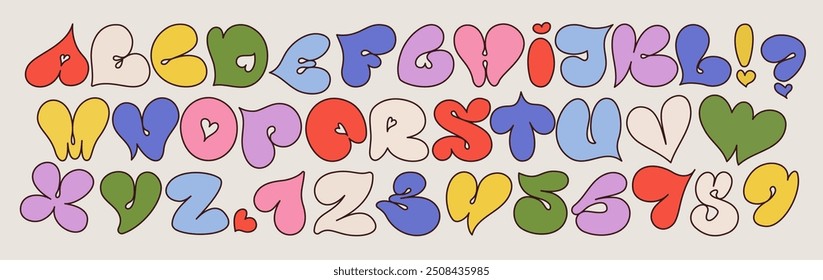 A playful colorful vibrant heart-shaped uppercase alphabet. Balloon fonts. Perfect for children's designs, Valentine's Day projects, and any creative typography needing a whimsical, love-themed touch.