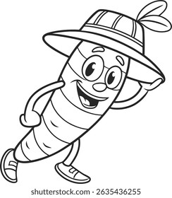 A playful coloring page featuring a giggling ginger root character wearing a hat. Perfect for creative fun and artistic expression.
