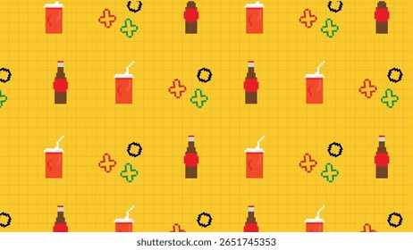 Combinação divertida de fatias de pizza, pimentas chili e caixas na arte de pixel clássica em um fundo de grade bege neutro. Uma estética retrô para temas de comida apimentada.