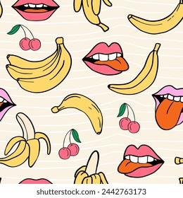 Playful comic vibrant pop art pattern featuring fruits and mouths. A retro-chic fusion for stylish designs, set on a wavy beige abstract backdrop. Vector illustration seamless pattern