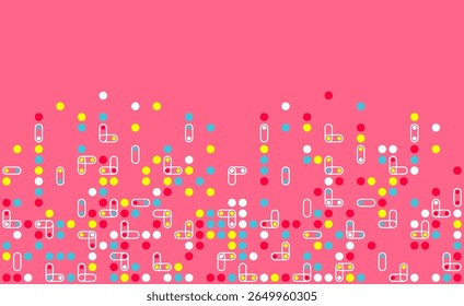 Playful composition of colorful dots and minimal geometric lines over pink background, ideal for trendy digital design and abstract graphic layouts.