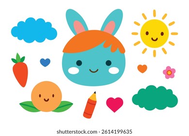Playful composition featuring a blue cartoon bunny, orange, carrot, flower, pencil, sun, cloud, and hearts isolated on a clean white backdrop.