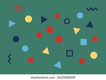 A playful composition of red, yellow, blue, and dark-blue circles, triangles, and squares scattered across a teal background.
