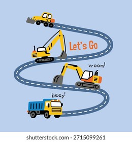 Playful Construction Vehicles on a Winding Road 