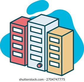 Una Ilustración vectorial lúdica y contemporánea de tres Grandes pilas de servidores de Vertical o edificios de centros de datos, representados en un estilo isométrico 3D.