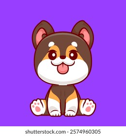 Playful corgi puppy smiling and sitting cutely on purple background