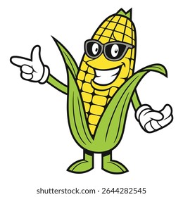 Playful corn cob cartoon character is happily pointing left with a gloved hand while sporting cool sunglasses and a big smile; has a transparent background.