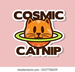 Playful Cosmic Catnip Sticker Design Featuring an Adorable Orange Cat with a Planetary Ring