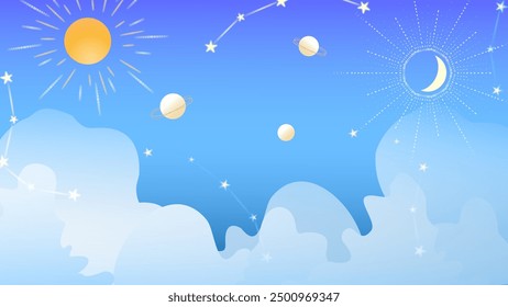 Playful cosmic scene with planets, stars, and celestial elements against a bright blue sky, perfect for children’s designs and whimsical space themes.