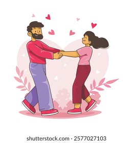 Playful couple dancing with hearts around. Valentine's Day celebration illustration.