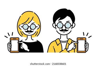 Una pareja juguetona explicando su smartphone.