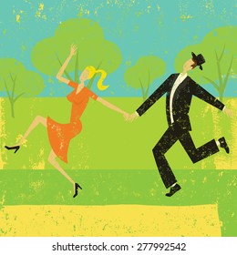 Playful Couple A couple playfully dancing over an abstract background. The people and background are on separate labeled layers.