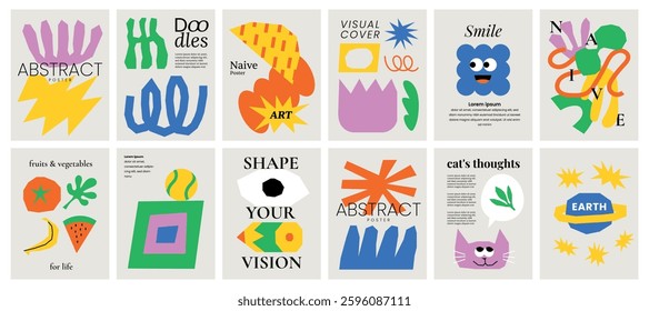 Playful cover design. Colorful abstract backgrounds with doodle elements, naive shapes. Print templates with text. Modern layouts with childish forms for card, poster, brochure, flyer or catalog.
