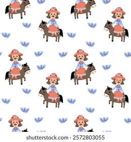 Playful cowboy children pattern with cartoon horses and floral accents for kids' design.