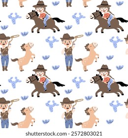 Playful cowboy and horse pattern for kids' room decor and crafts.