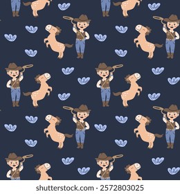 Playful cowboy and horse pattern for kids' design and decoration.