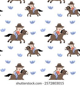 Playful cowboy themed pattern with kids on horses for child decor and textiles.