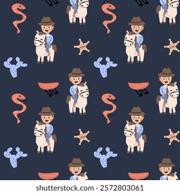 Playful cowboy and western theme childish pattern for kids' room decor or textile design.