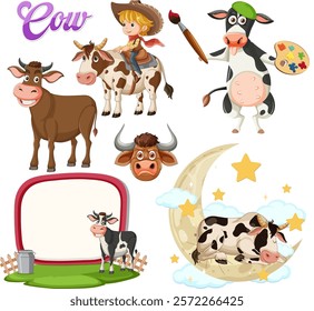 Playful cows and farm elements in vector style