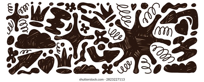Playful crayon collage shapes with hand drawn doodle figures and elements. Abstract crowns hearts clouds with stars in monochrome brown ink. Vector collage set of organic flower shapes for scrapbook.