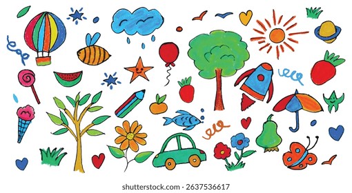 Playful crayon doodles: rocket, balloon, fish, sun, fruit, butterfly. Fun kids art pack