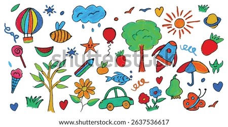 Playful crayon doodles: rocket, balloon, fish, sun, fruit, butterfly. Fun kids art pack