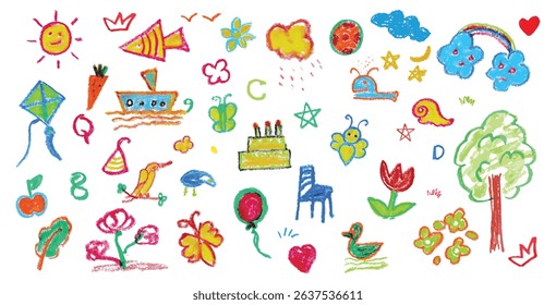 Playful crayon doodles: sun, boat, kite, birthday cake, butterfly, animals. Kids art set