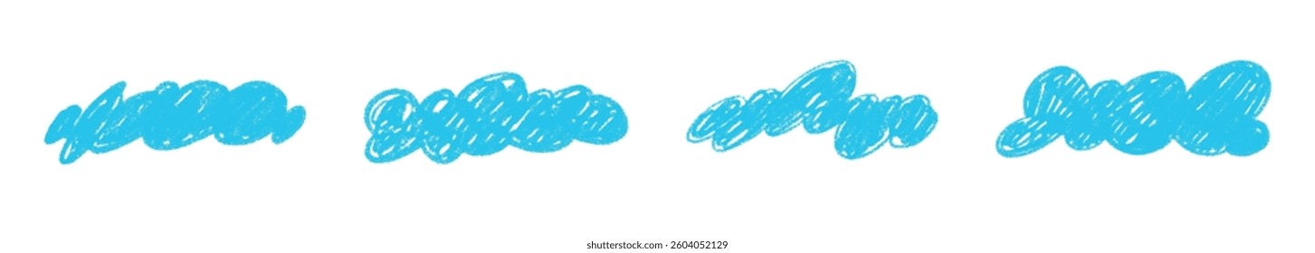 Playful crayon-drawn clouds with chalk texture in pastel colors. Hand-painted sky elements. Flat vector illustration isolated on white background.