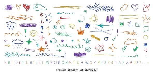 Playful crayon-style English letters paired with vibrant, hand-drawn underline strokes