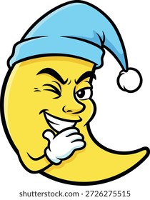 Playful crescent moon vector winking and laughing with a blue nightcap. Perfect for children’s apparel, nursery wall art, pajamas, and preschool sticker designs.
