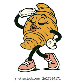 Playful croissant cartoon mascot striking a confident pose with closed eyes and kissy lips, ideal for bakery branding, cafe decorations, and whimsical packaging designs.