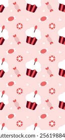 Playful Cupcake and Candy Pattern on Soft Pink Valentines Day seamless pattern Vertical social media stories reels design element, 14 February and anniversary. Vertical poster