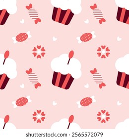 Playful Cupcake and Candy Pattern on Soft Pink Valentines Day seamless pattern Square vector backdrop, wedding, packaging, wrapping paper, wallpaper, fabric, textile, holiday template