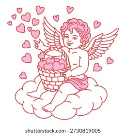 Playful Cupid on Cloud with Heart Basket, Valentine Day Vector. Minimalist illustration of playful Cupid sitting on cloud, holding basket of hearts and scattering them around. Valentines Day element for cards, banners and romantic designs.