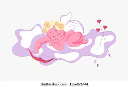 Playful Cupid sleeping on a cloud. Valentine's day symbol of love. Isolated on light pink background. Flat Art Vector illustration