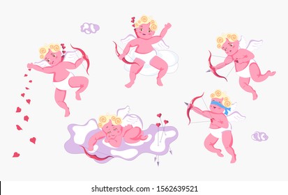Playful Cupid sleeping on a cloud, aim an arrow from the archery, sprinkles with hearts. Valentine's day symbol of love. Isolated on light pink background. Flat Art Vector illustration