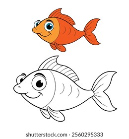 A playful, cute cartoon fish coloring page featuring big eyes, a smiling face, and flowing fins, perfect for kids to add their own colors and bring the fish to life!