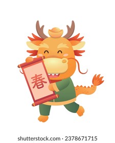 Playful and cute Chinese dragon character or mascot, mythological animal, vector cartoon character for Chinese New Year, translation: spring