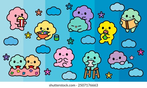 Playful cute cloud cartoon characters with fun activities in the sky, cute colorful banner and background, vector illustration.