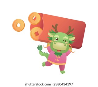 Playful and cute dragon character or mascot with red paper bag and gold coins, Chinese mythological animal, Chinese New Year vector cartoon character