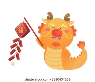 Playful and cute dragon character or mascot with firecrackers, Chinese mythological animal, vector cartoon character for Chinese New Year, translation: blessing