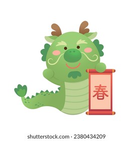 Playful and cute dragon character or mascot with spring couplets, Chinese mythological animal, vector cartoon character for Chinese New Year, translation: spring