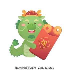 Playful and cute dragon character or mascot with red paper bag, Chinese mythological animal, vector cartoon character for Chinese New Year, translation: blessing