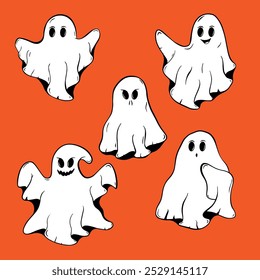 Ilustraciones de fantasmas divertidas y lindas, perfectas para diseños con temática de Halloween. Estos personajes simples pero expresivos presentan varias emociones, lo que los hace ideales para decoraciones festivas, tarjetas y más