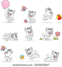 Playful cute little kitten playing with its toys on a walk in a park, set of vector cartoon illustrations on a white background