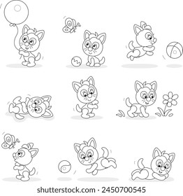 Playful cute little kitten playing with its toys on a walk in a park, set of black and white vector cartoon illustrations for a coloring book