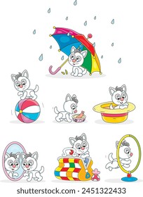 Playful cute little kitten playing with different domestic things at home, set of vector cartoon illustrations on a white background