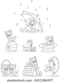 Playful cute little kitten playing with different domestic things at home, set of black and white vector cartoon illustrations for a coloring book